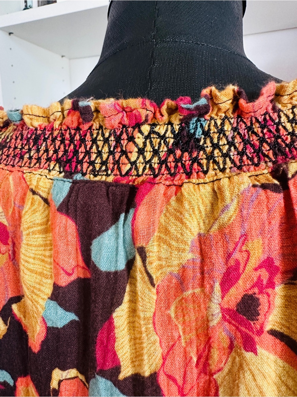 Sundance Floral Smocked Peasant style Tunic in Yellow, Pink & Teal on Black - Picture 7 of 9